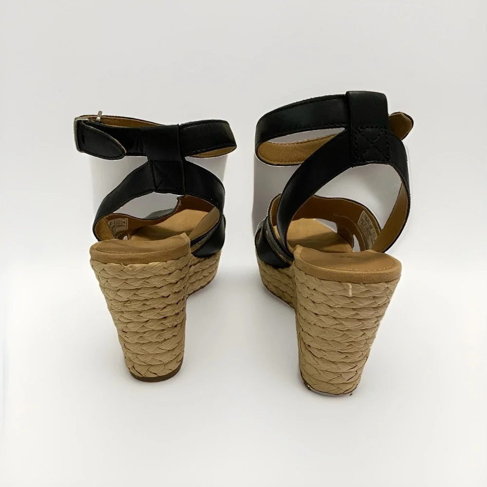 UGG Careena Black Leather Wedge Espadrille Sandals - Size 8.5
